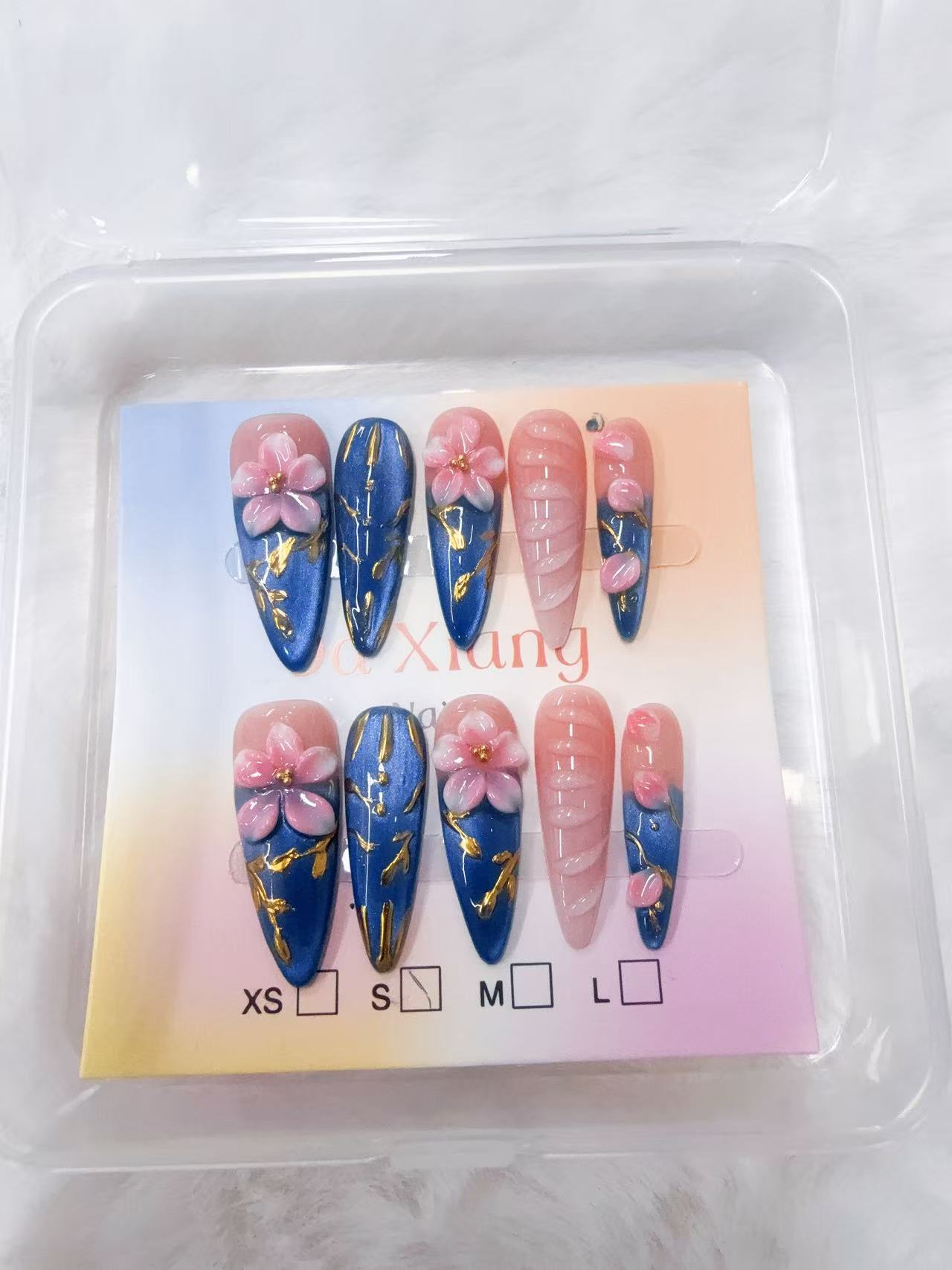 Dark Blue 3D Pink Floral Press On Nails, Gold Foil Handmade Sculpted False Nails, Long Almond Fake Nails