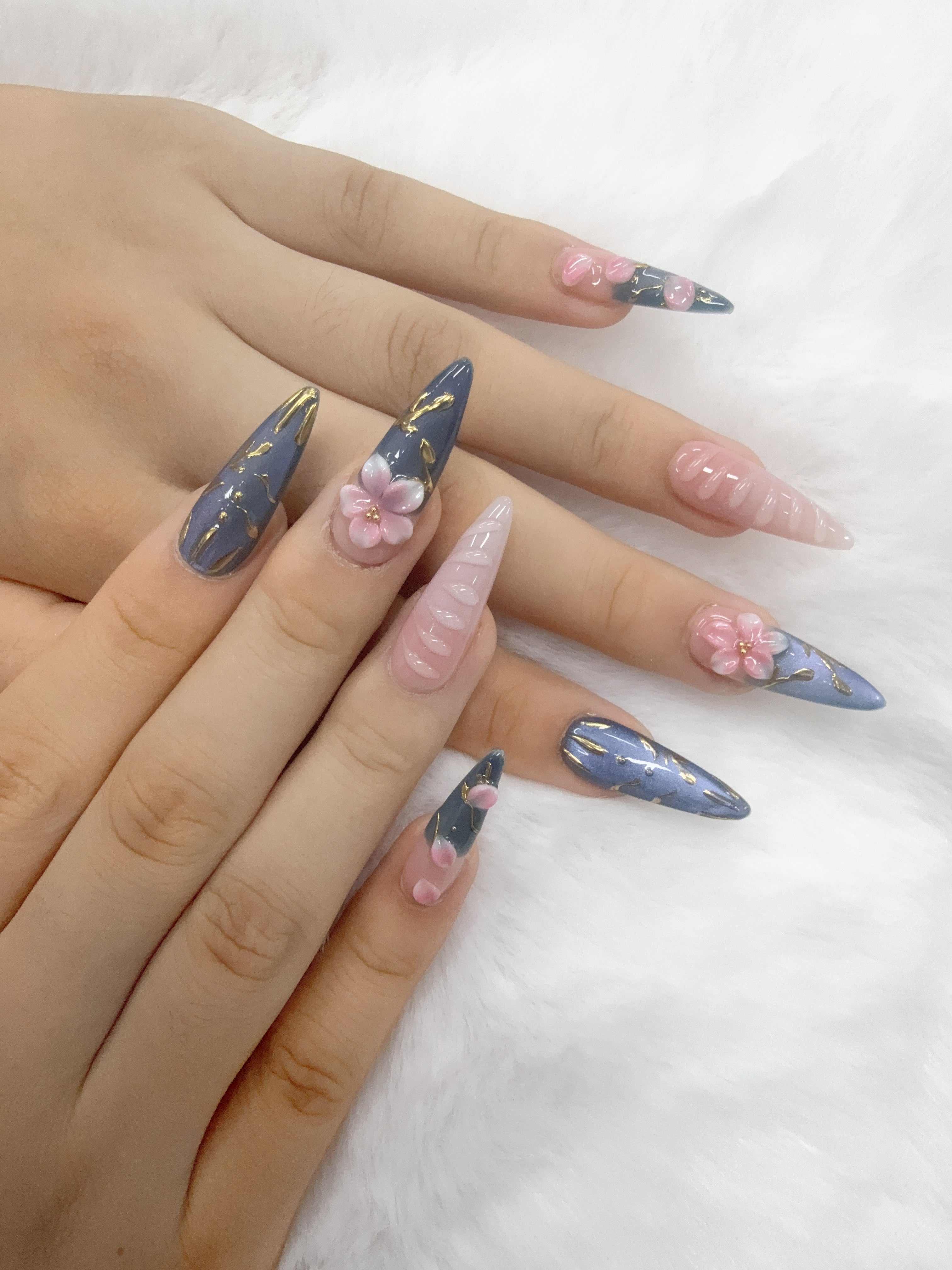 Dark Blue 3D Pink Floral Press On Nails, Gold Foil Handmade Sculpted False Nails, Long Almond Fake Nails