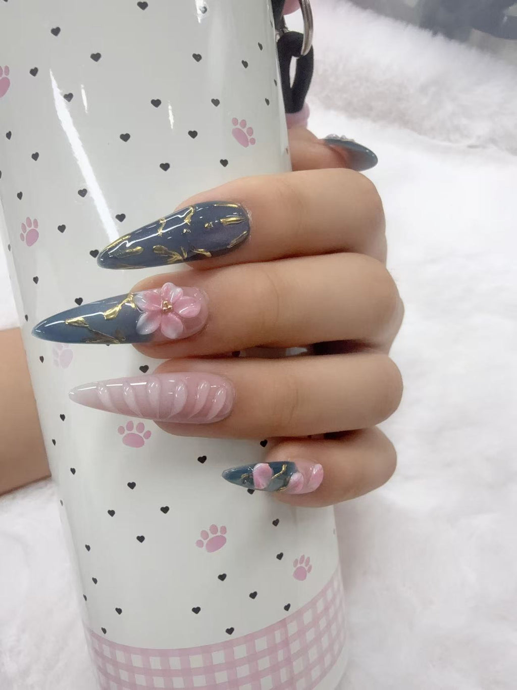 Dark Blue 3D Pink Floral Press On Nails, Gold Foil Handmade Sculpted False Nails, Long Almond Fake Nails