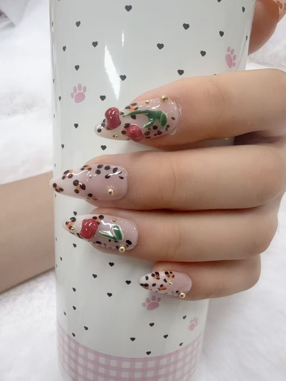 Hand Painted Pink Purple Butterfly Wing Press On Nails, Black Outline White Polka Dot Long Almond Fake Nails, Handmade Butterfly Nail Art