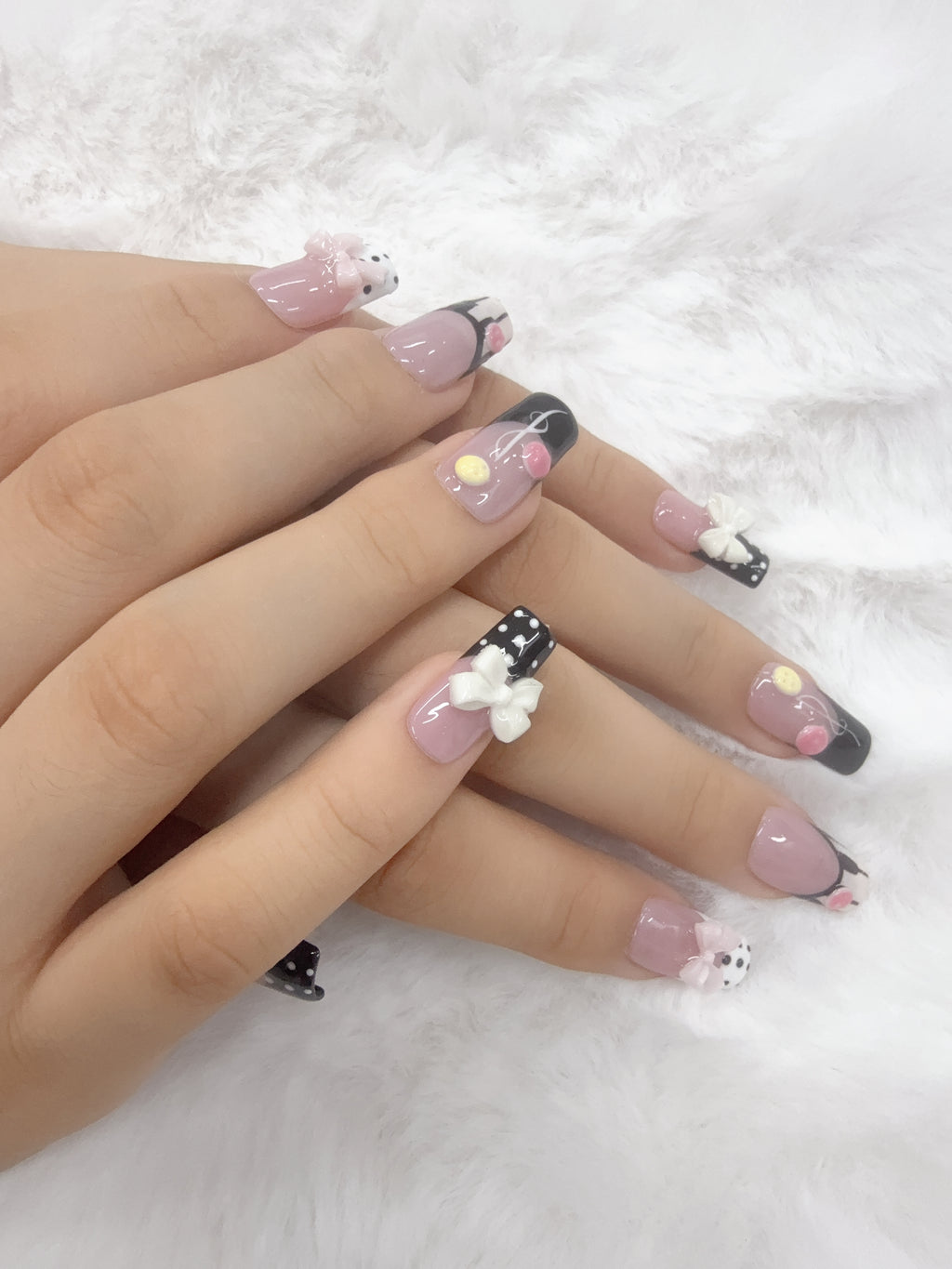 Leopard Print 3D Cherry Press On Nails, Nude Pink Long Almond False Nails with Gold Metal Studs, Handmade Y2K Cute Nail Art