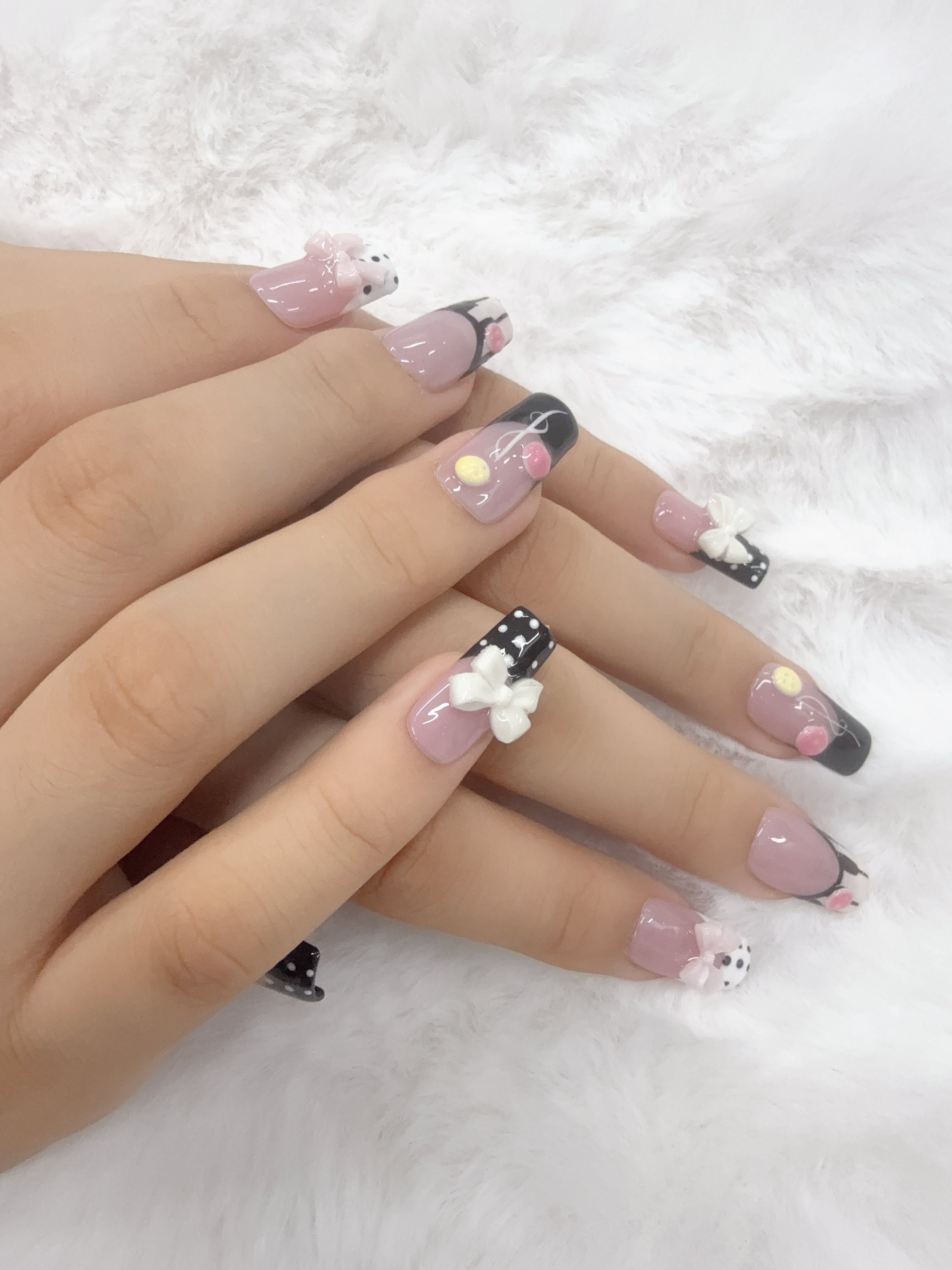 Leopard Print 3D Cherry Press On Nails, Nude Pink Long Almond False Nails with Gold Metal Studs, Handmade Y2K Cute Nail Art