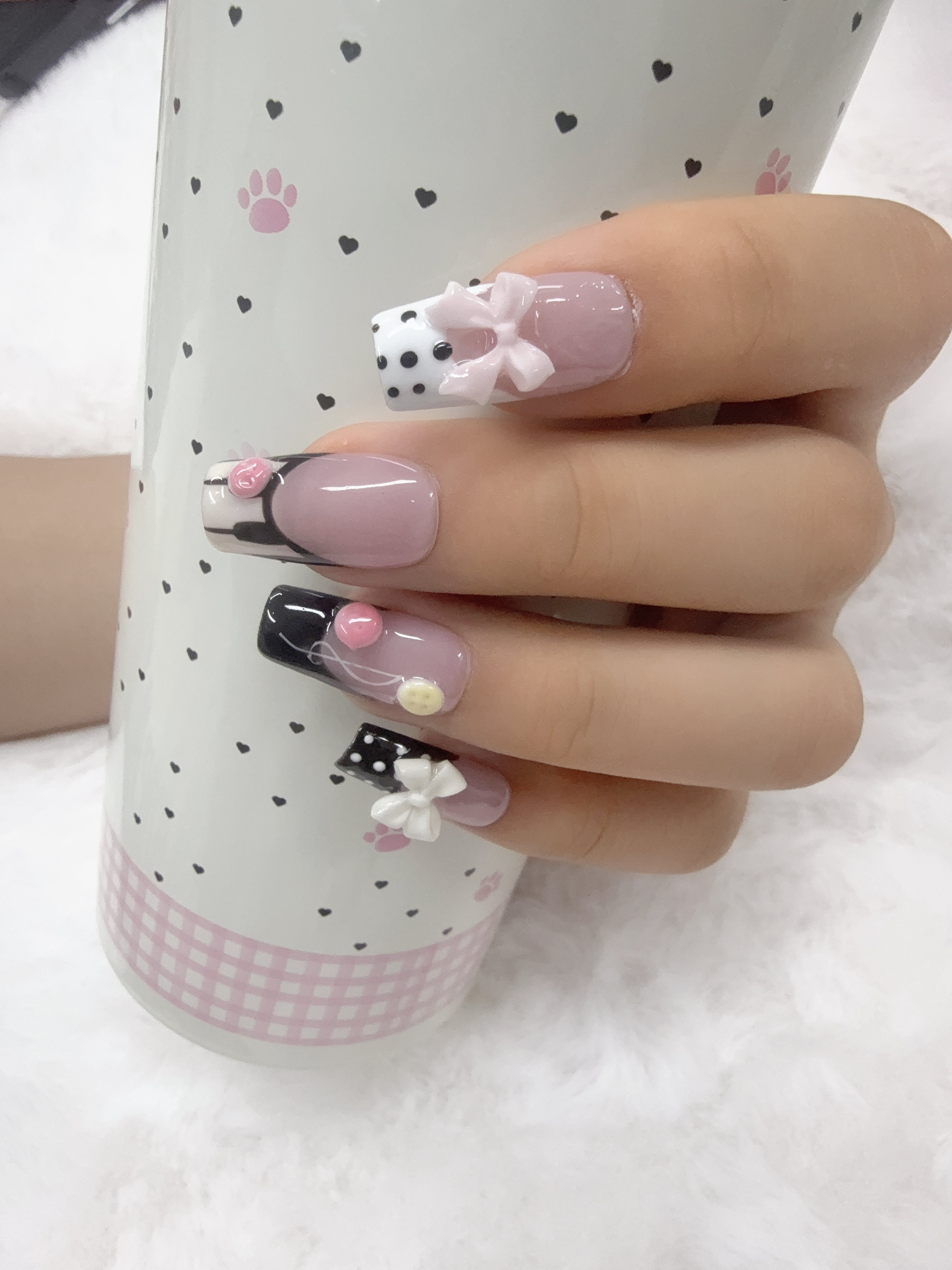 Leopard Print 3D Cherry Press On Nails, Nude Pink Long Almond False Nails with Gold Metal Studs, Handmade Y2K Cute Nail Art
