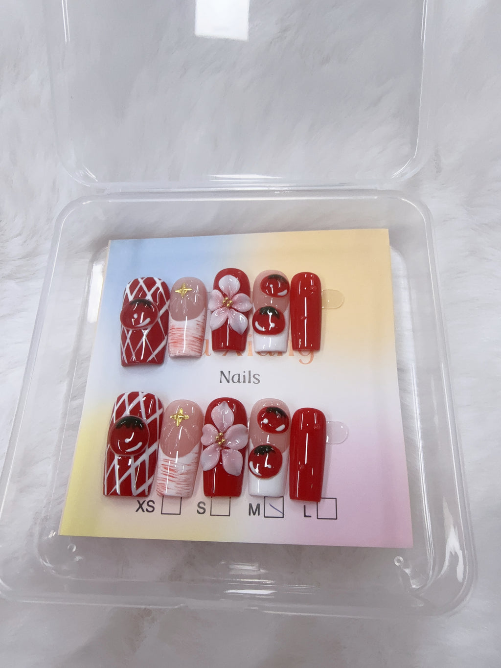 Red 3D Cherry & Floral Press On Nails, Hand Painted Plaid Square False Nails With Gold Metal Studs, Cute Sweet Handmade Nail Art