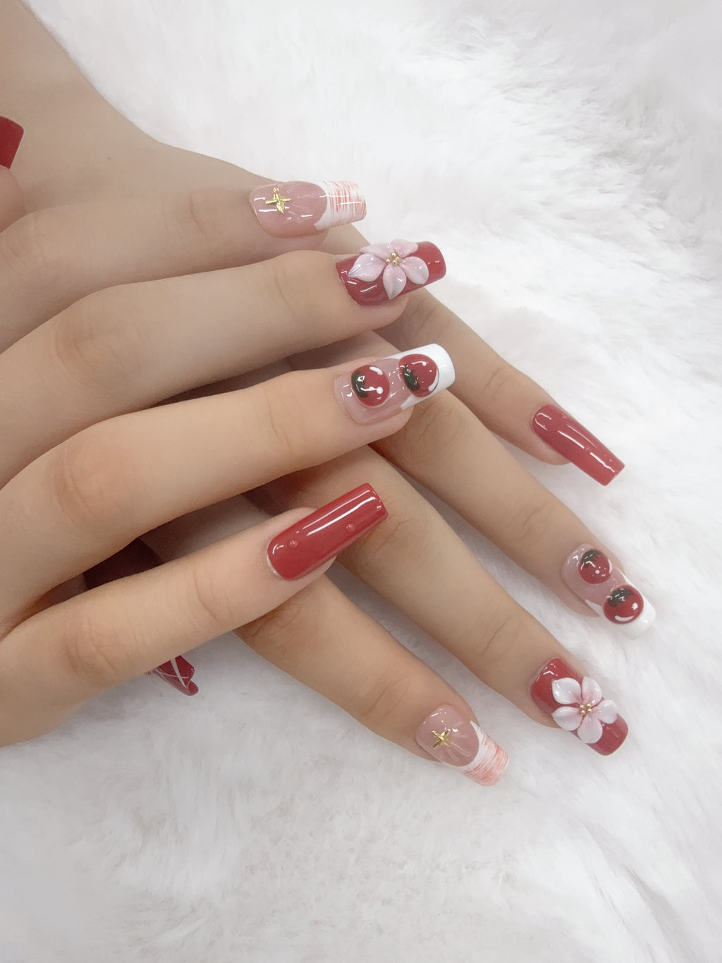 Red 3D Cherry & Floral Press On Nails, Hand Painted Plaid Square False Nails With Gold Metal Studs, Cute Sweet Handmade Nail Art