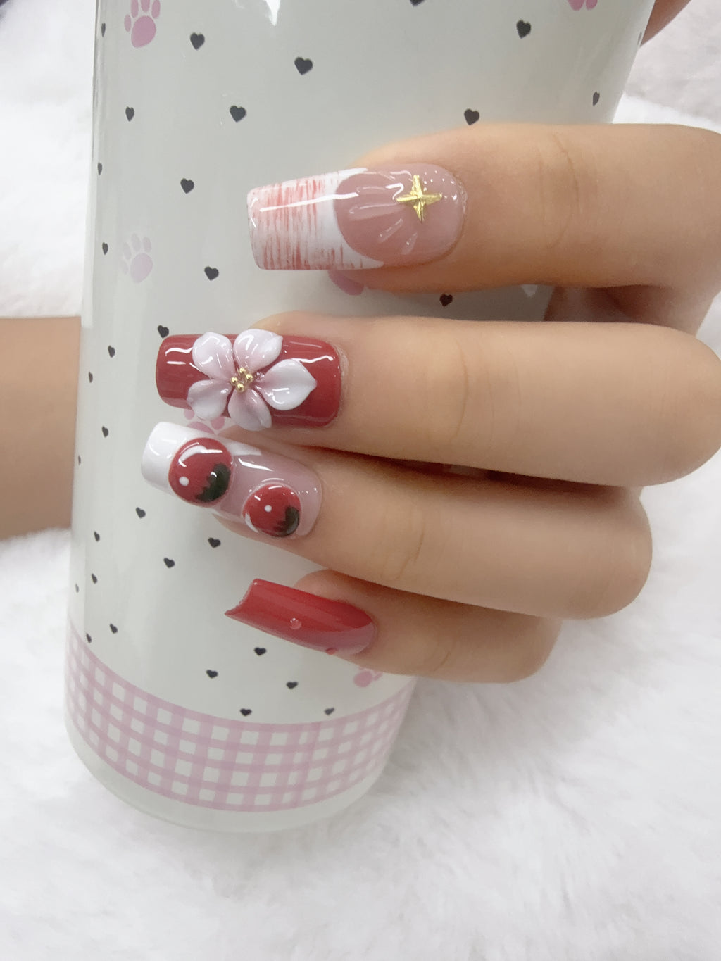 Red 3D Cherry & Floral Press On Nails, Hand Painted Plaid Square False Nails With Gold Metal Studs, Cute Sweet Handmade Nail Art