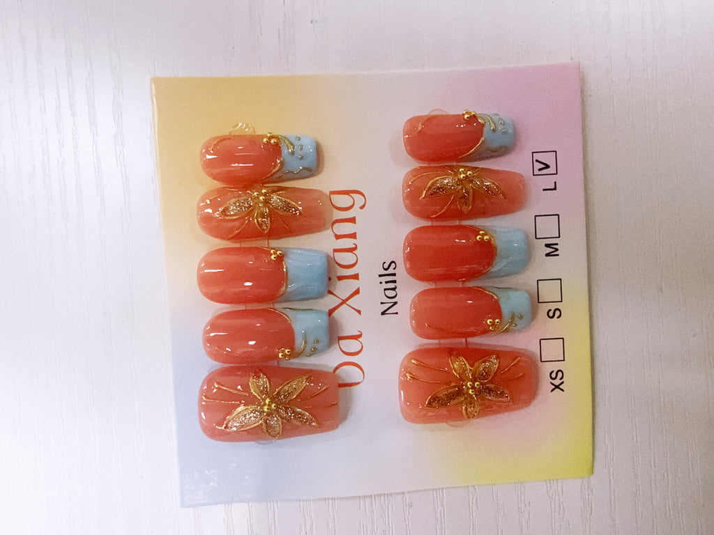 Red‑Blue Color‑Block Golden Butterfly Press‑On Nails, Reusable Fake Nails