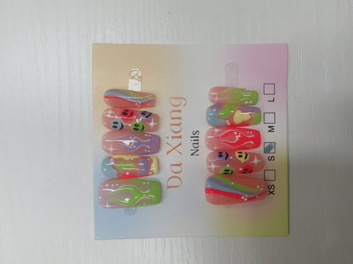 Colorful Flame‑Smiley Press‑On Nails, Reusable Artificial Nails