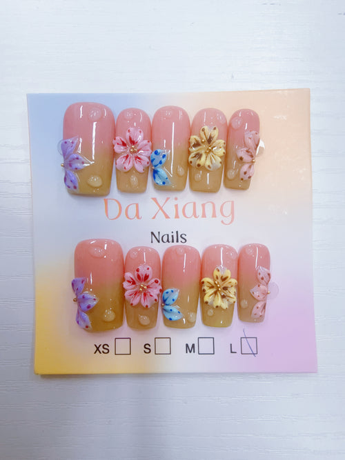 3D Hand‑Painted Flower Press‑On Nails, Reusable Fake Nails